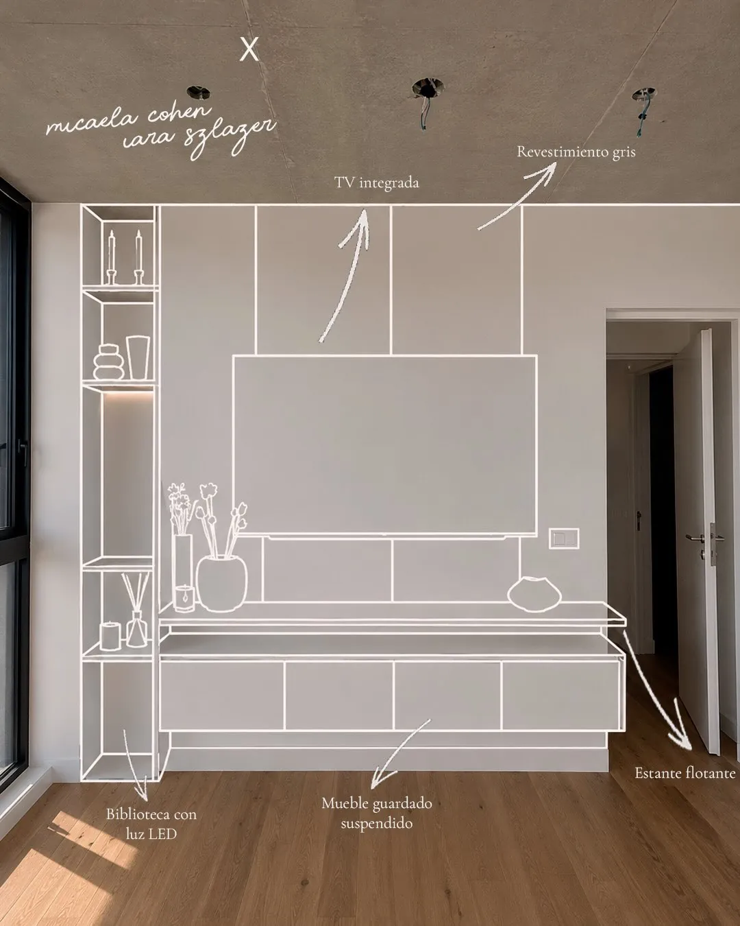 Boceto del living de Núñez: líneas blancas sobre el ambiente vacío, con la biblioteca, la TV integrada y el mueble suspendido